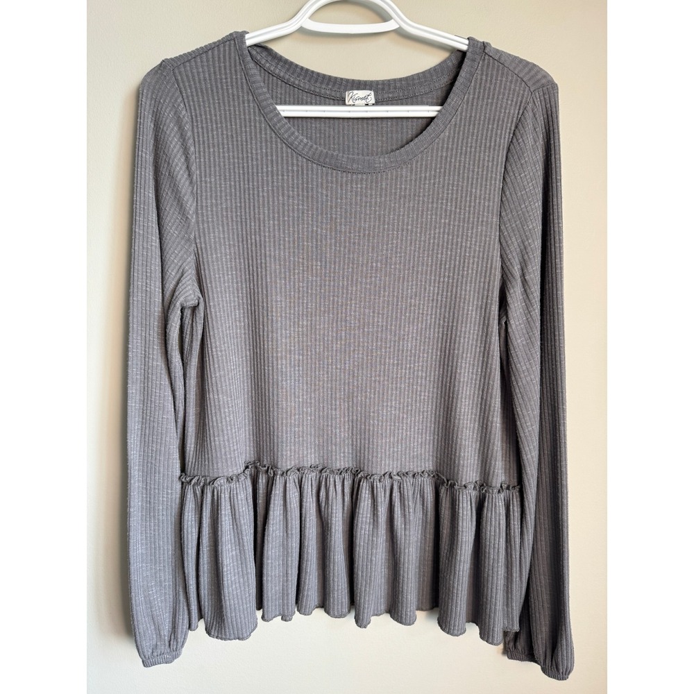 Kismet Ribbed Peplum Long Sleeve Top Gray Medium‎ Coquette Boho Soft Girl Twee